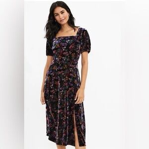 LOFT Black Floral Velvet Midi Dress